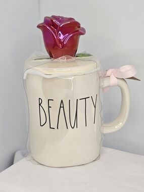 NWT Rae Dunn Beauty And The Beast 'BEAUTY' Mug with Red Rose Lid
